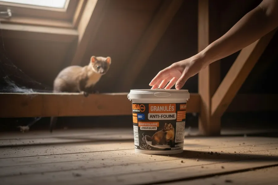 Nuisija Granulés Anti-Fouine — seau 1 L dans des combles
